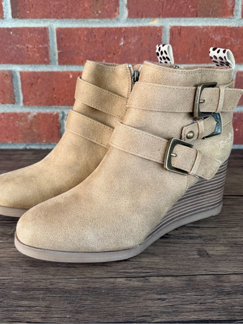 Wedge Ankle Boots in Tan with Buckle Straps